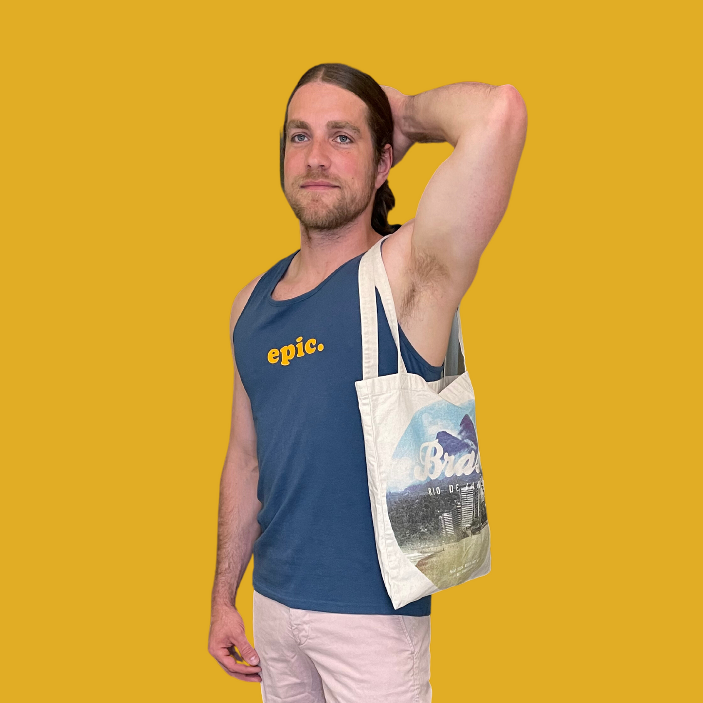Tote bag - Lin couleur naturelle avec paysage du Brésil style rétro