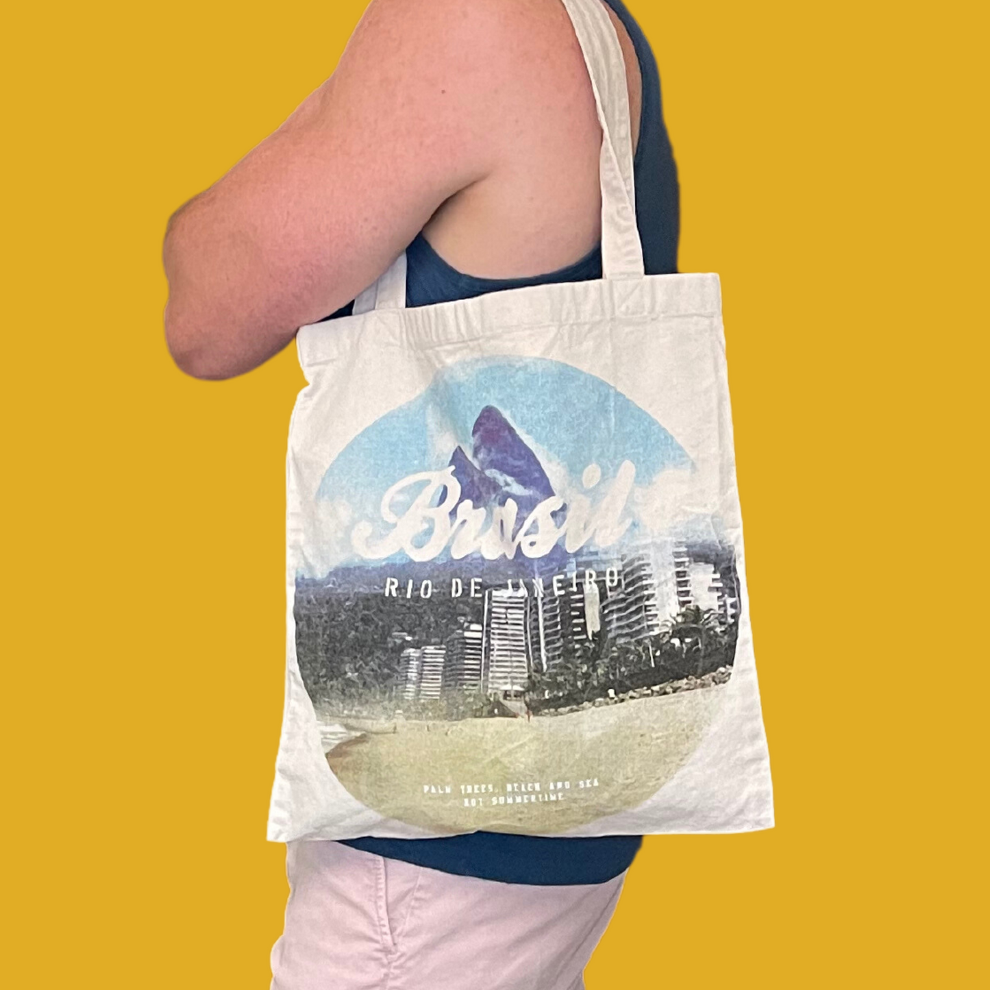 Tote bag - Lin couleur naturelle avec paysage du Brésil style rétro