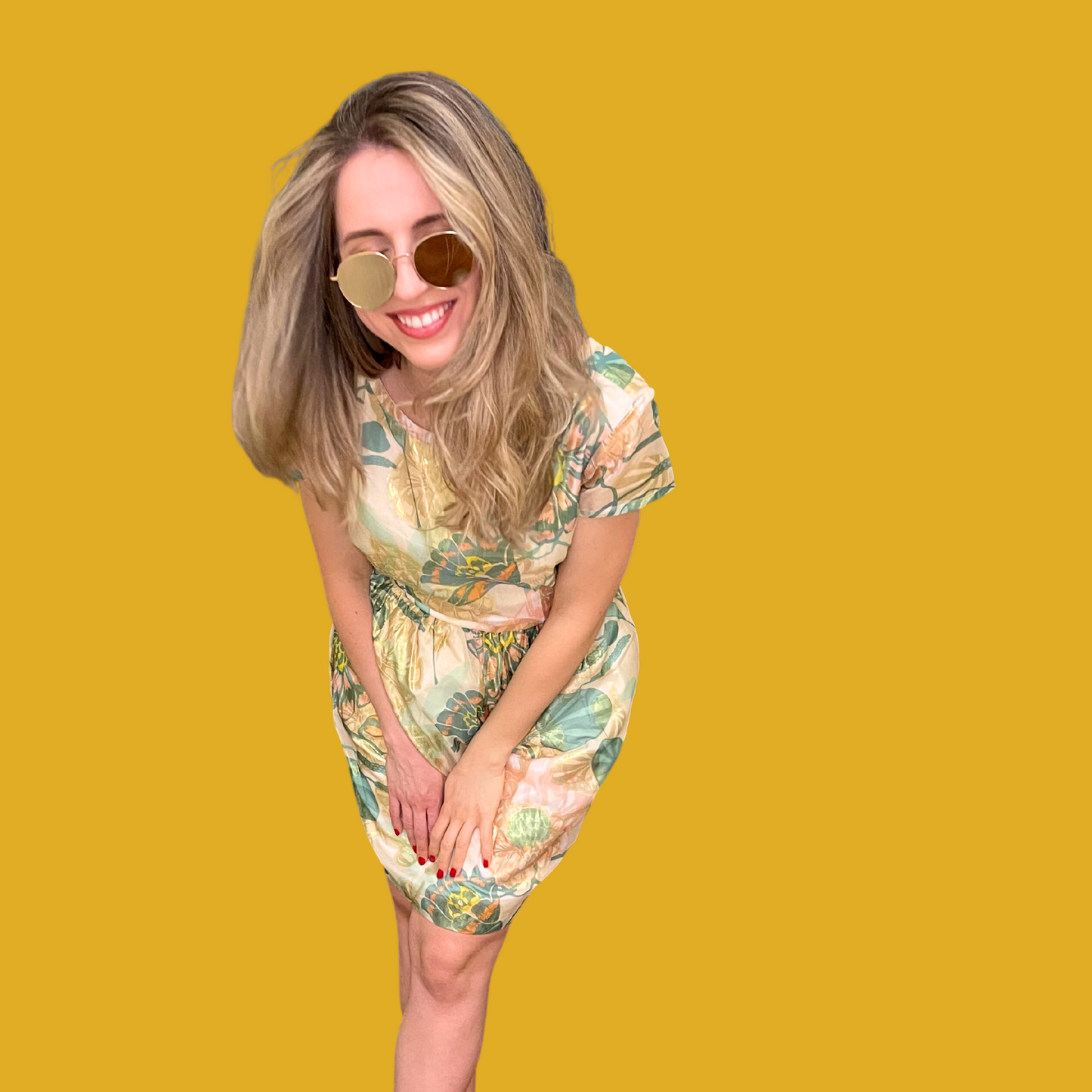 Dress - Open backs, floral pattern, iridescent green, light orange and golden Size M (38)