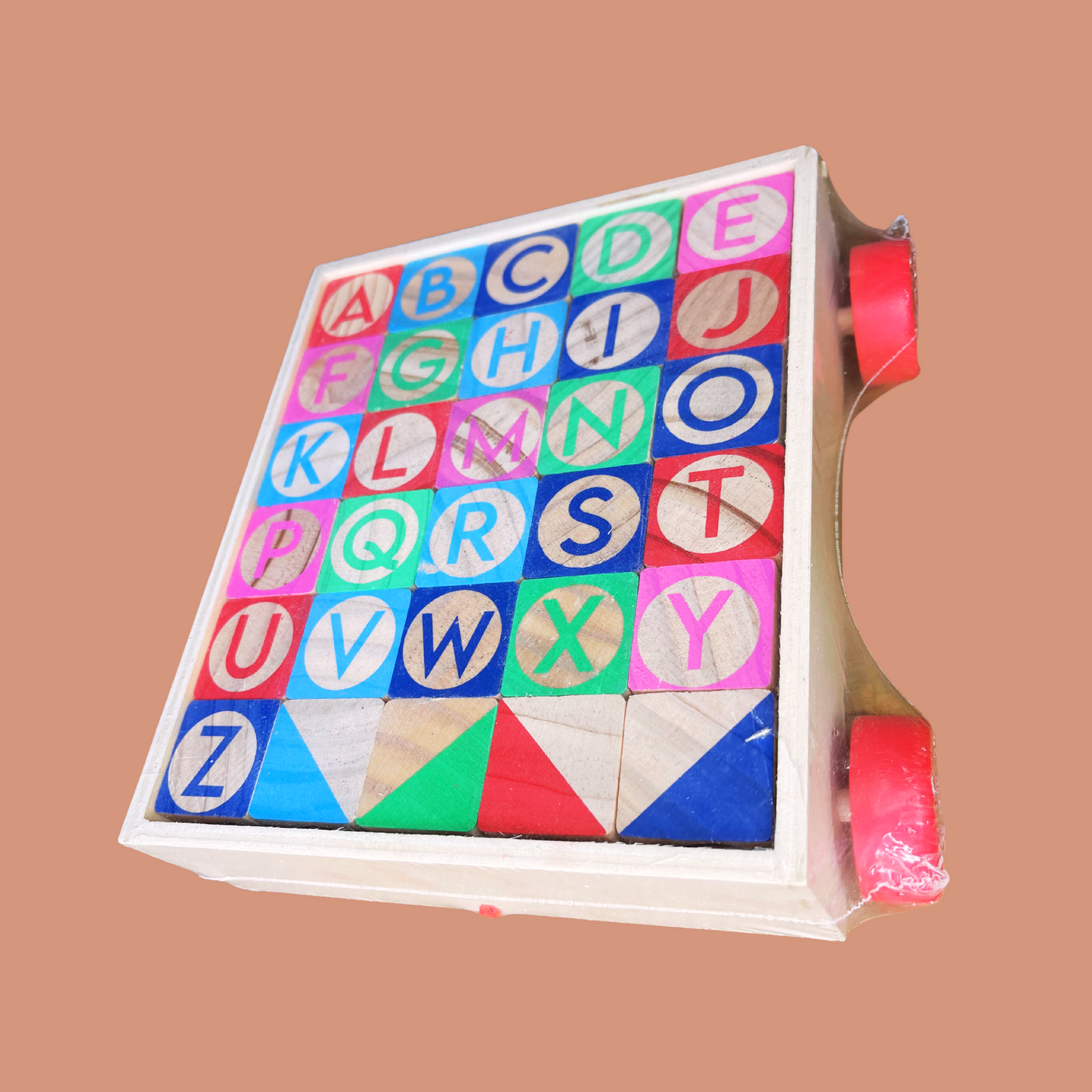 93. Kid / Baby wooden blocks - Alphabet letters in a cart with red wheels