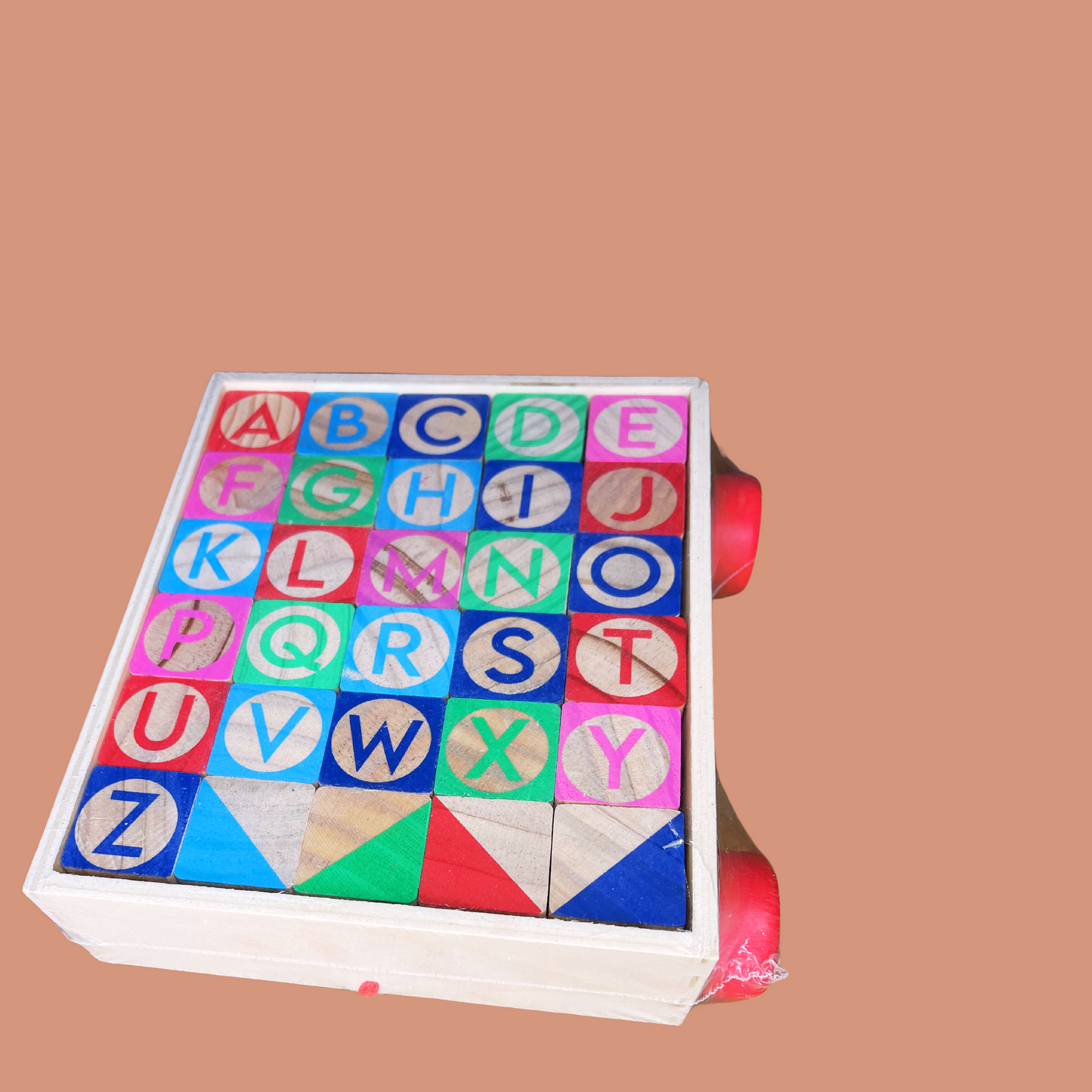 93. Kid / Baby wooden blocks - Alphabet letters in a cart with red wheels