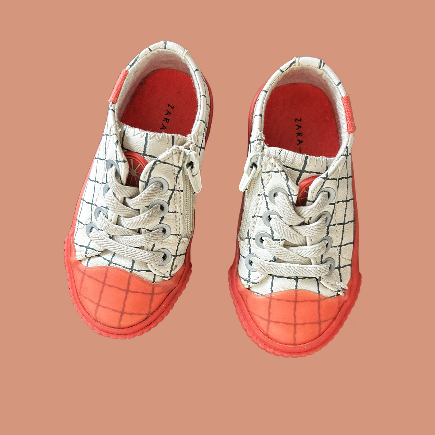 1. Kid sneakers - Coral pink and white lined shoes size 21