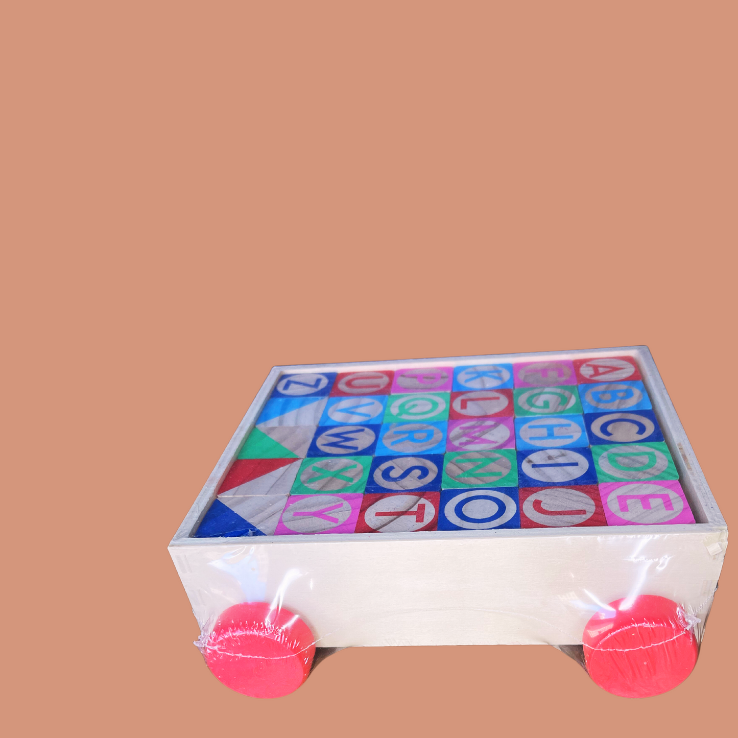 93. Kid / Baby wooden blocks - Alphabet letters in a cart with red wheels