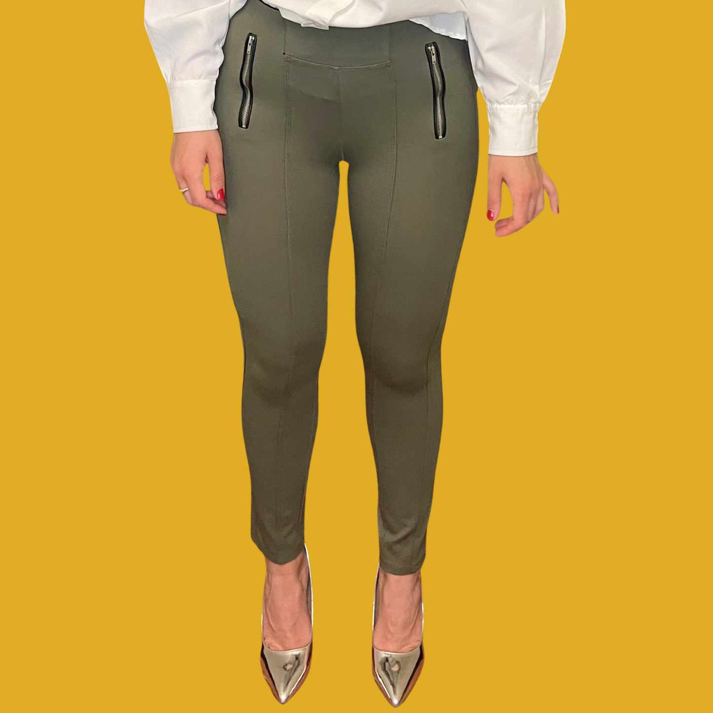 Legging - Taille haute vert kaki avec fermetures éclair argentées taille M