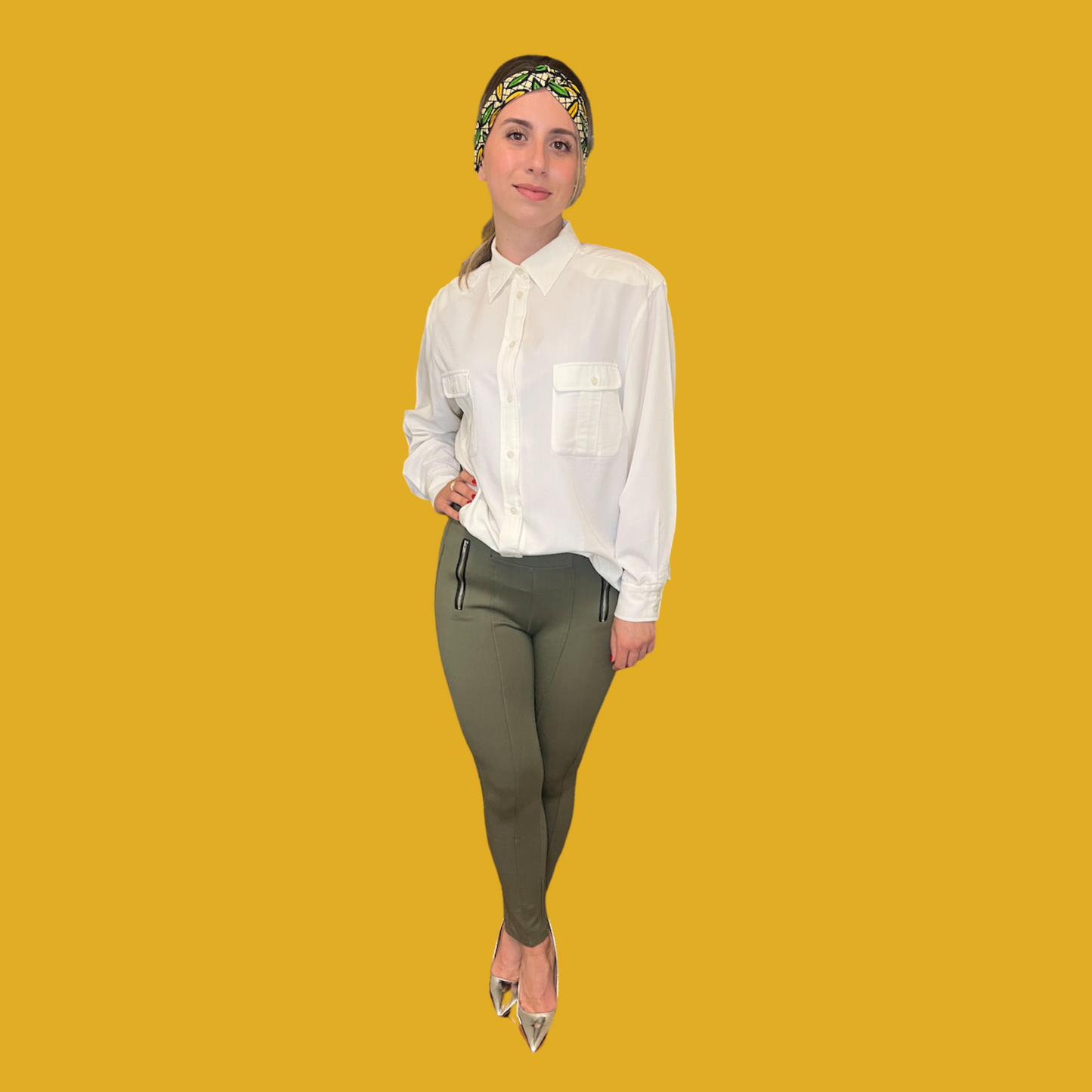 Legging - Taille haute vert kaki avec fermetures éclair argentées taille M