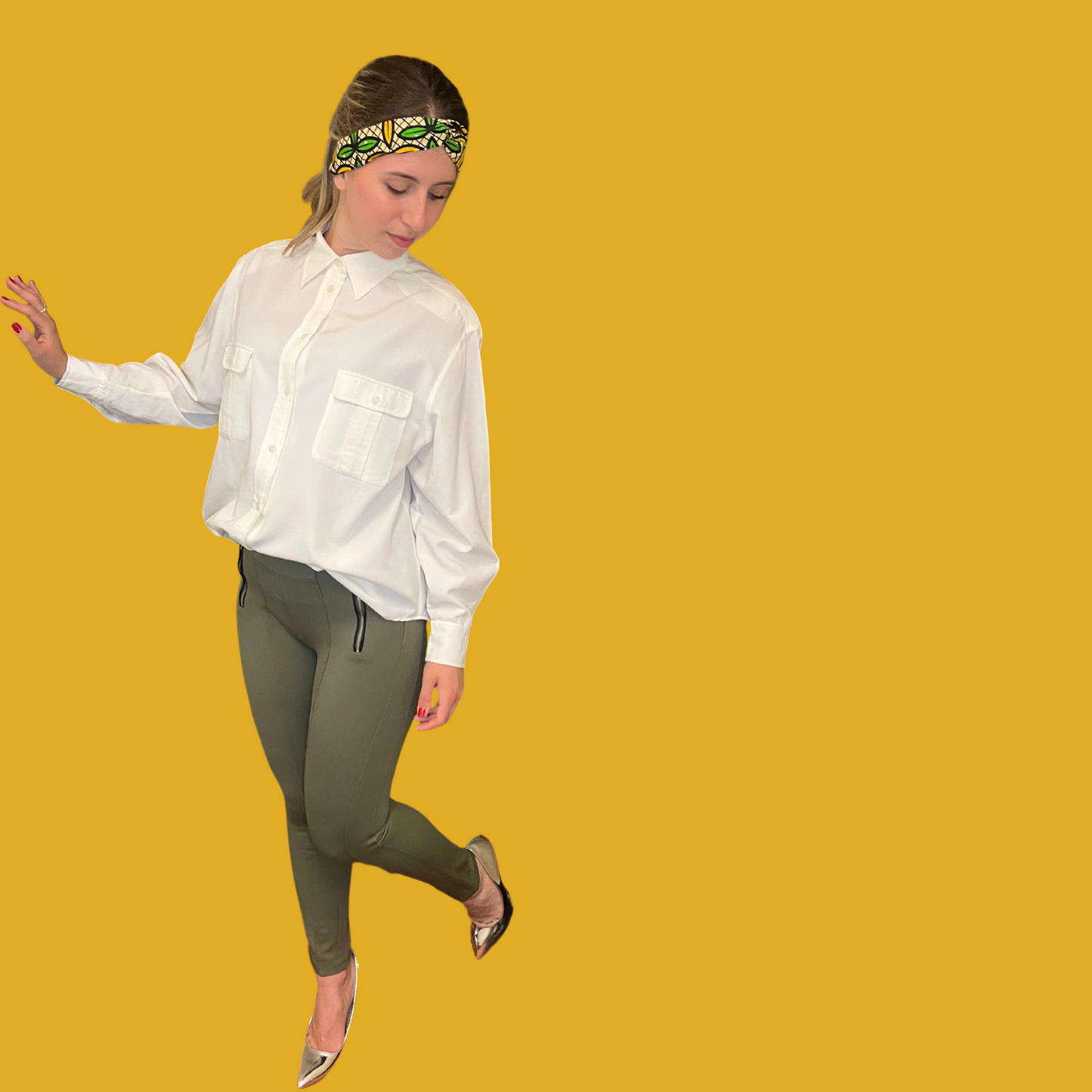 Legging - Taille haute vert kaki avec fermetures éclair argentées taille M
