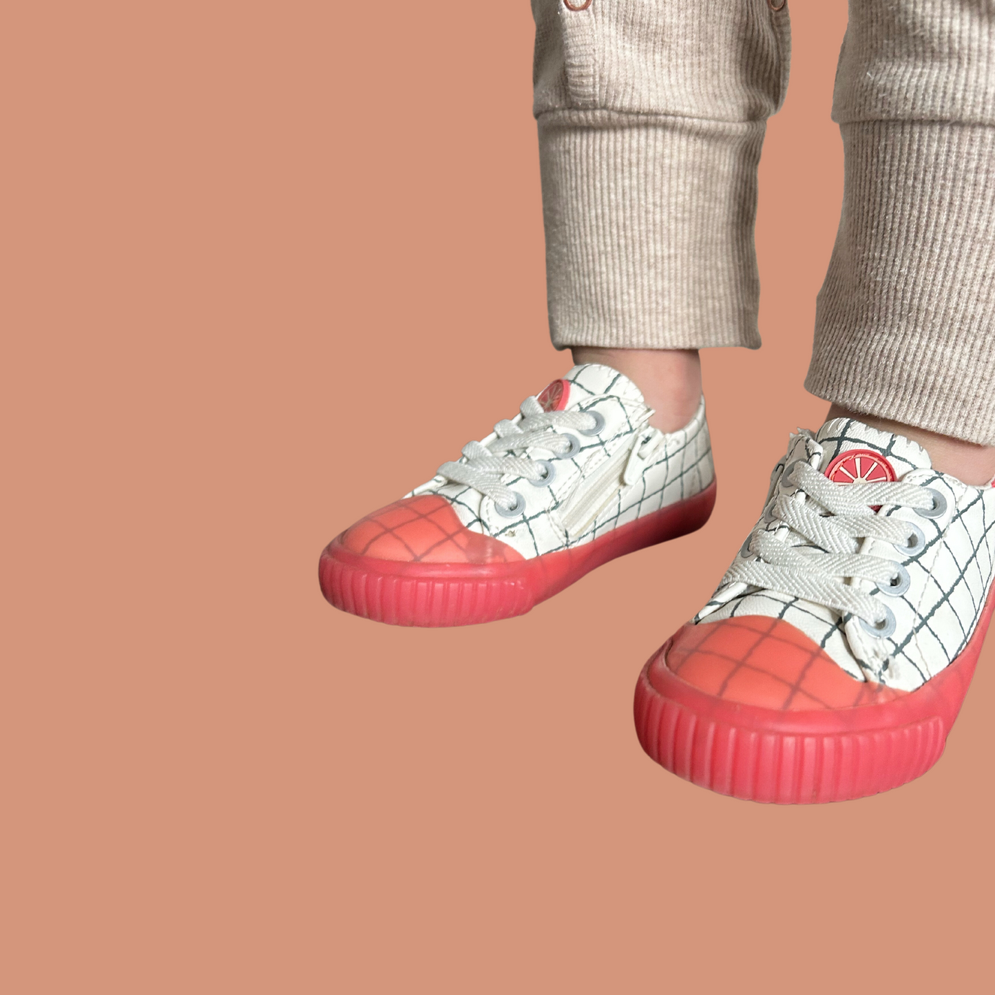 1. Kid sneakers - Coral pink and white lined shoes size 21