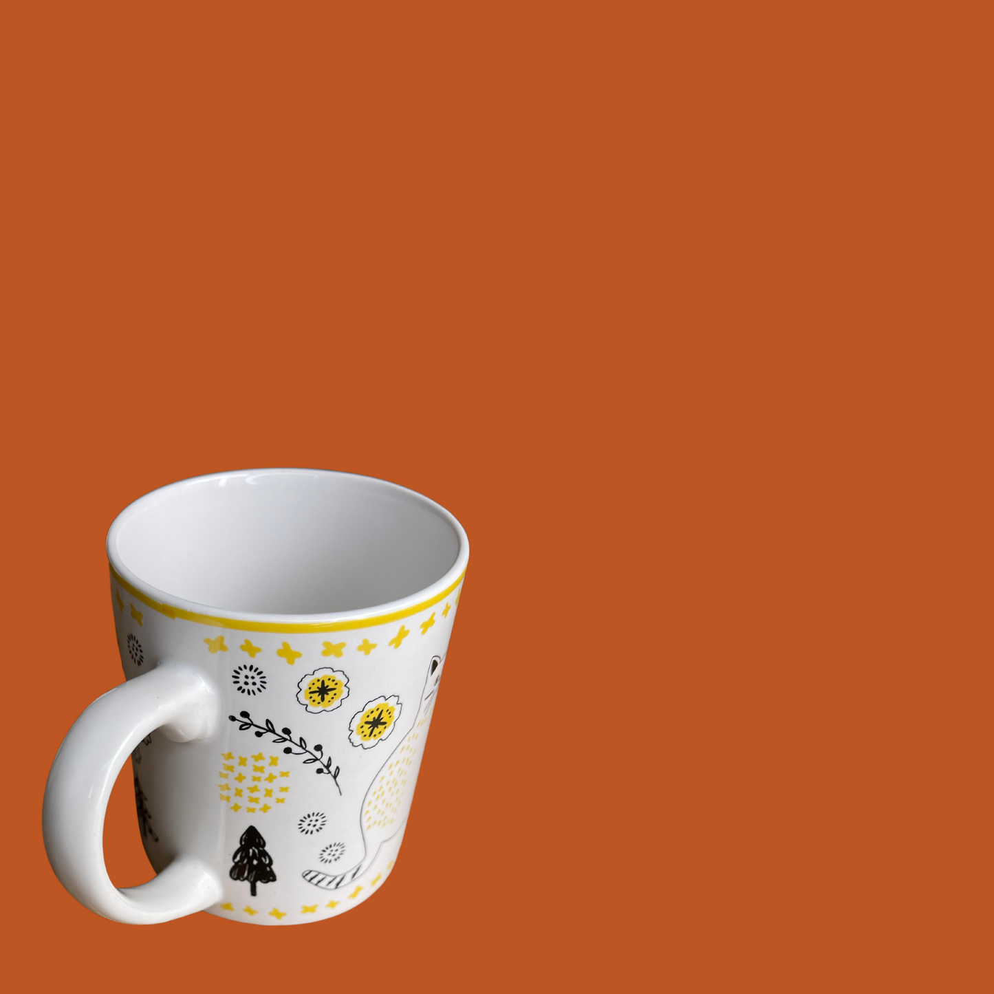 Mug - Jaune et blanc avec chat noir et oiseaux