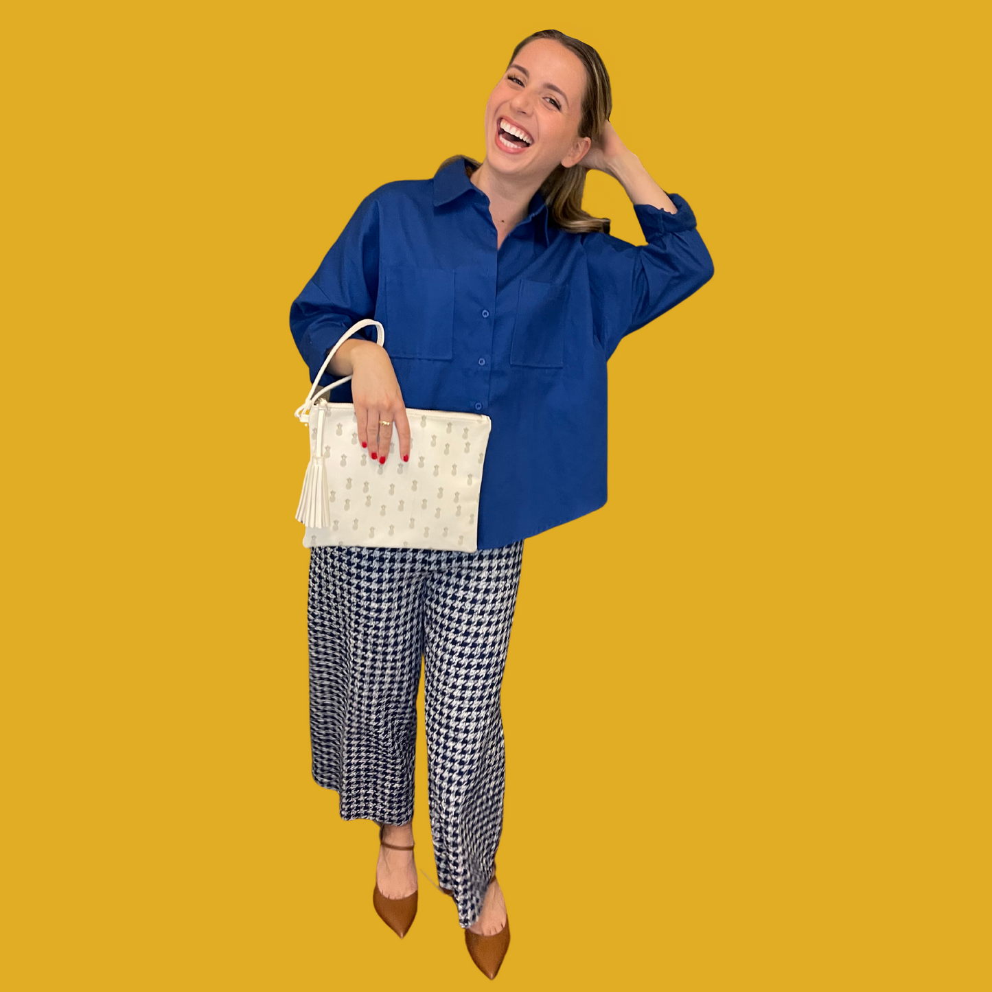 Pantalon - Taille haute pied de poule marine et blanc avec boutons dorés taille M