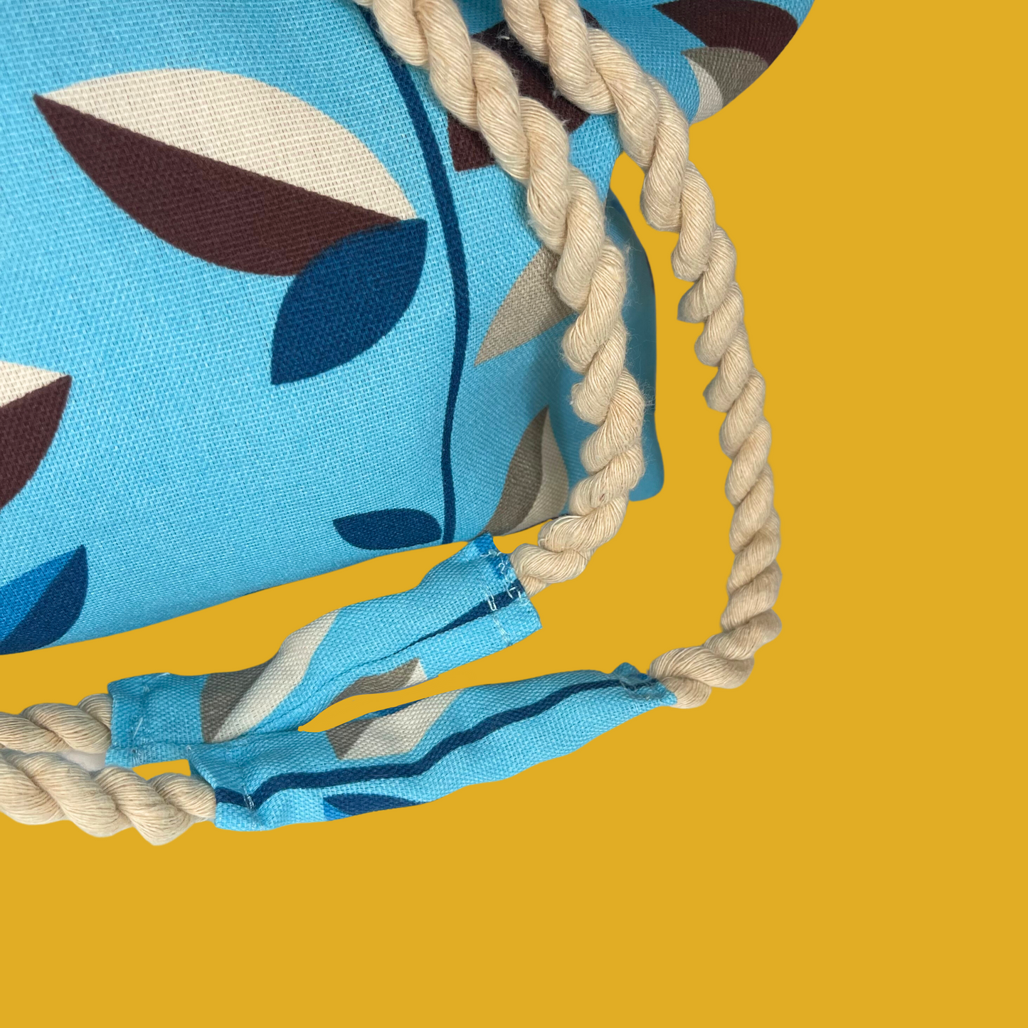 9. Tote bag - Turquoise with beige, brown and blue leaves, rope handle and an inside pocket