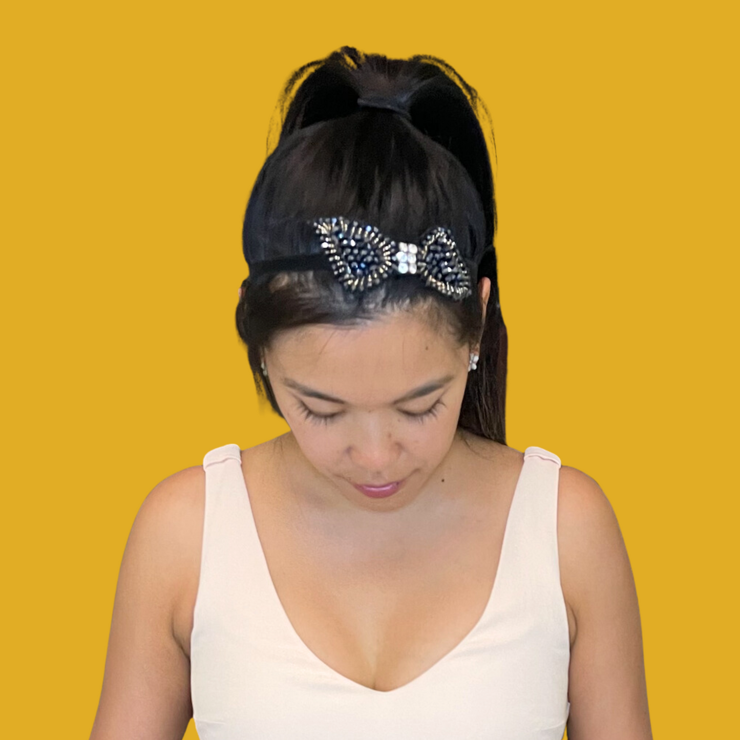 Headband - Bow with navy blue, gold and white rhinestones