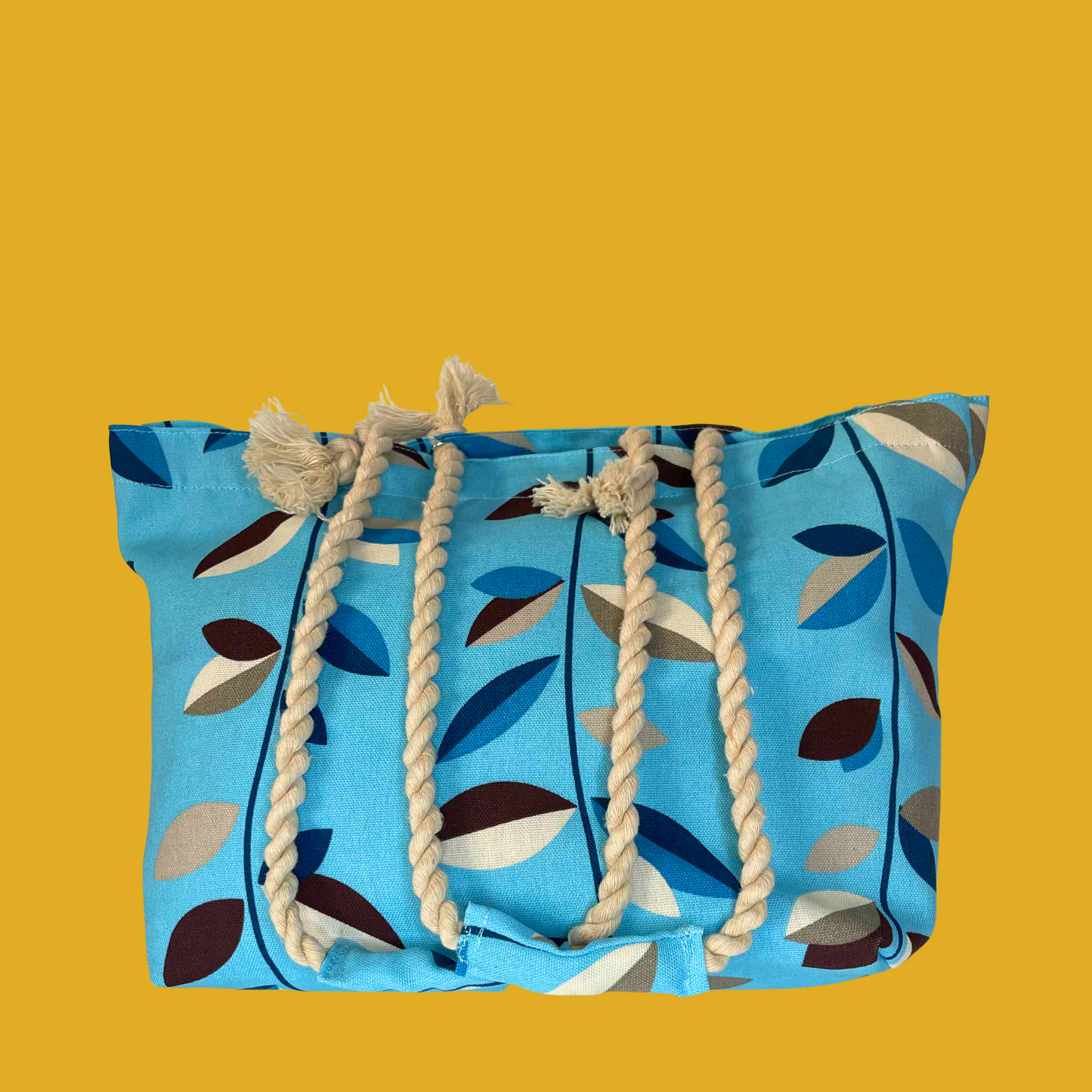 9. Tote bag - Turquoise with beige, brown and blue leaves, rope handle and an inside pocket