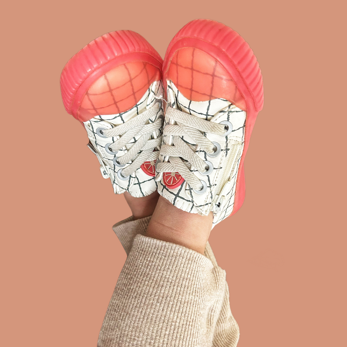 1. Kid sneakers - Coral pink and white lined shoes size 21