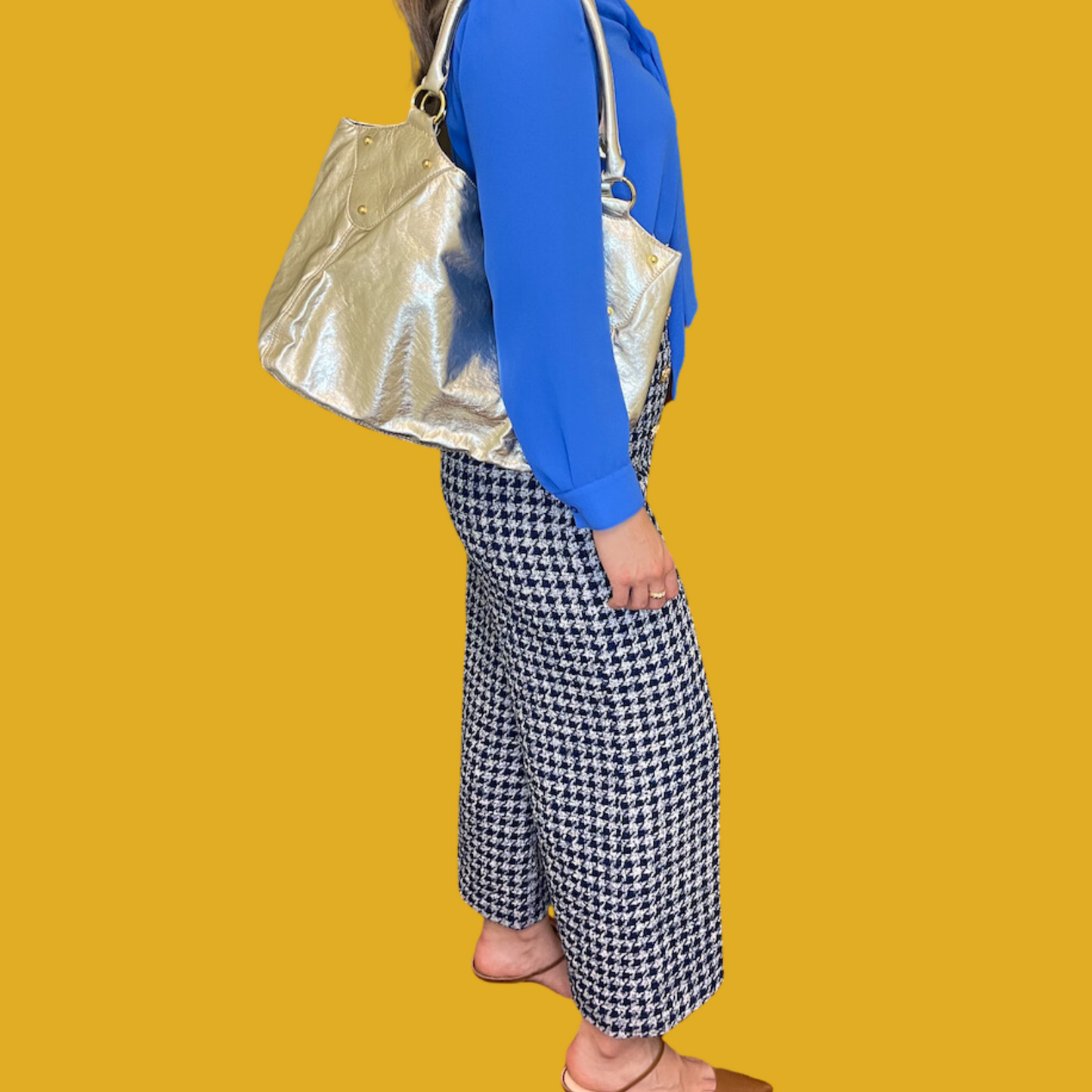 Pantalon - Taille haute pied de poule marine et blanc avec boutons dorés taille M