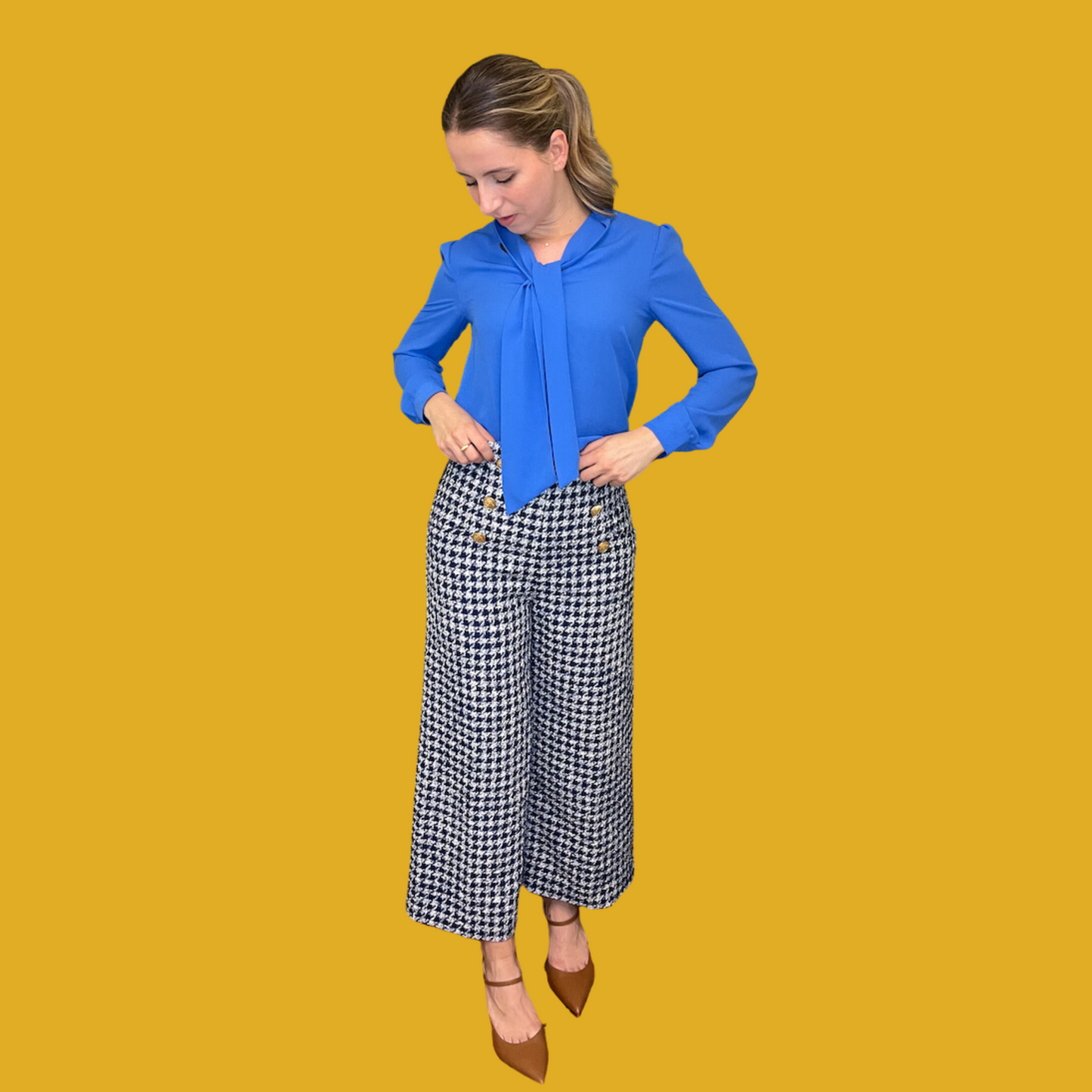Pantalon - Taille haute pied de poule marine et blanc avec boutons dorés taille M