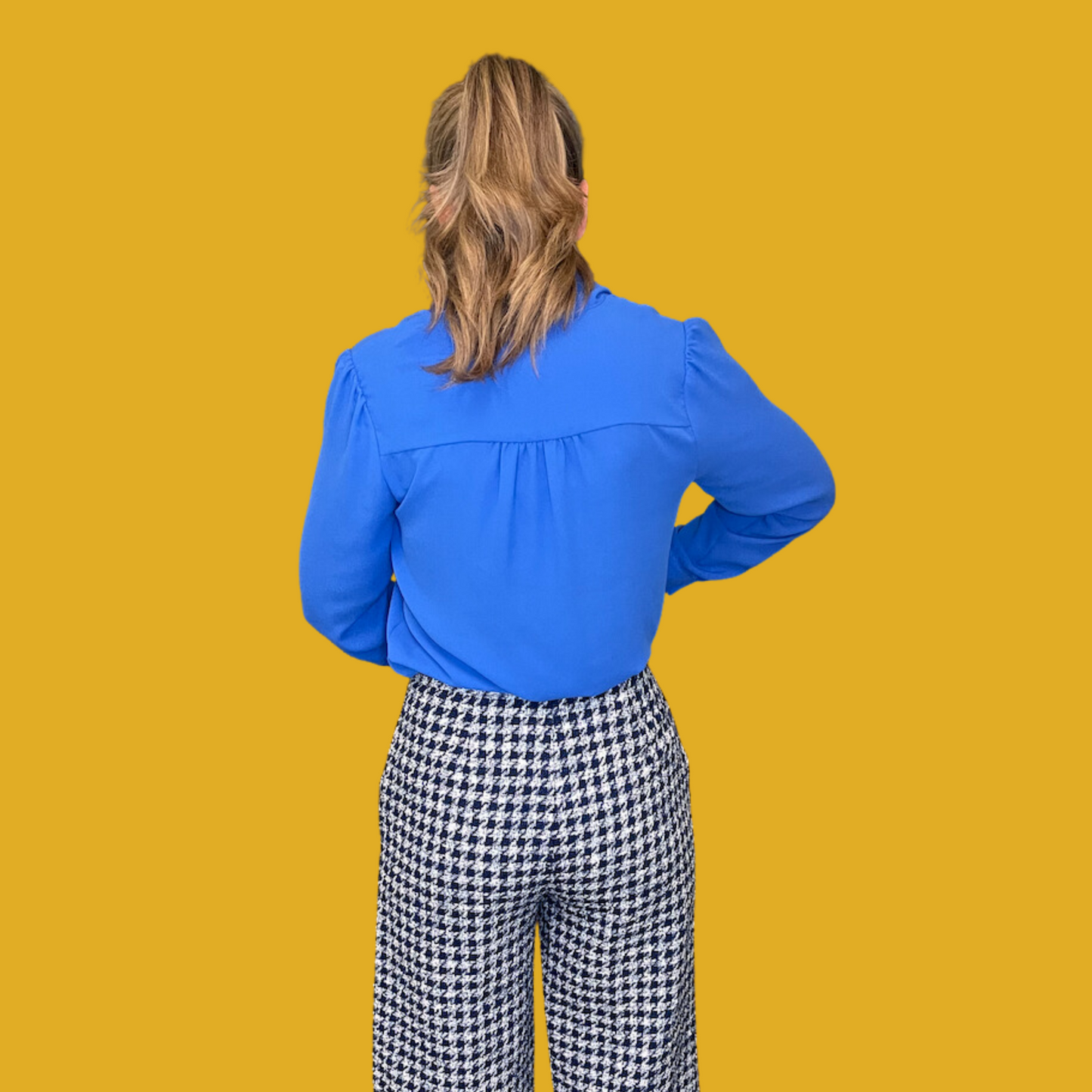 Pantalon - Taille haute pied de poule marine et blanc avec boutons dorés taille M