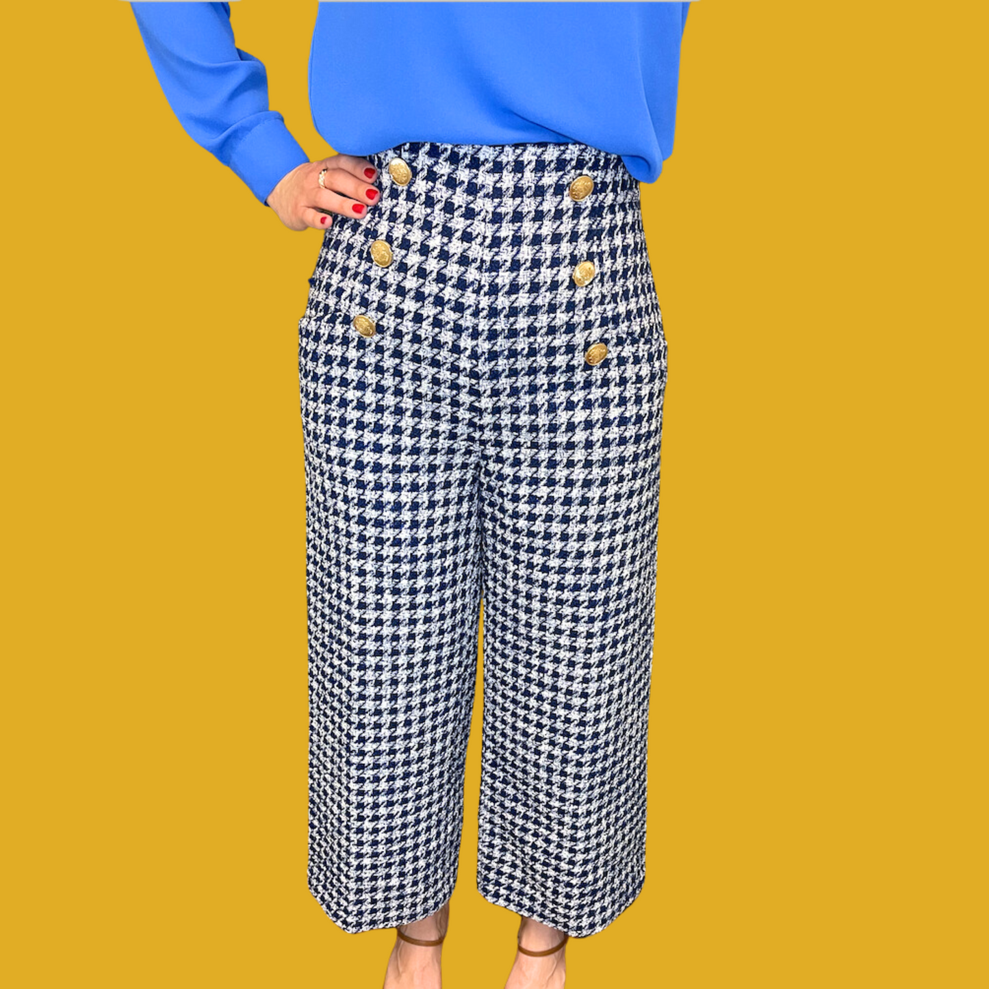 Pantalon - Taille haute pied de poule marine et blanc avec boutons dorés taille M