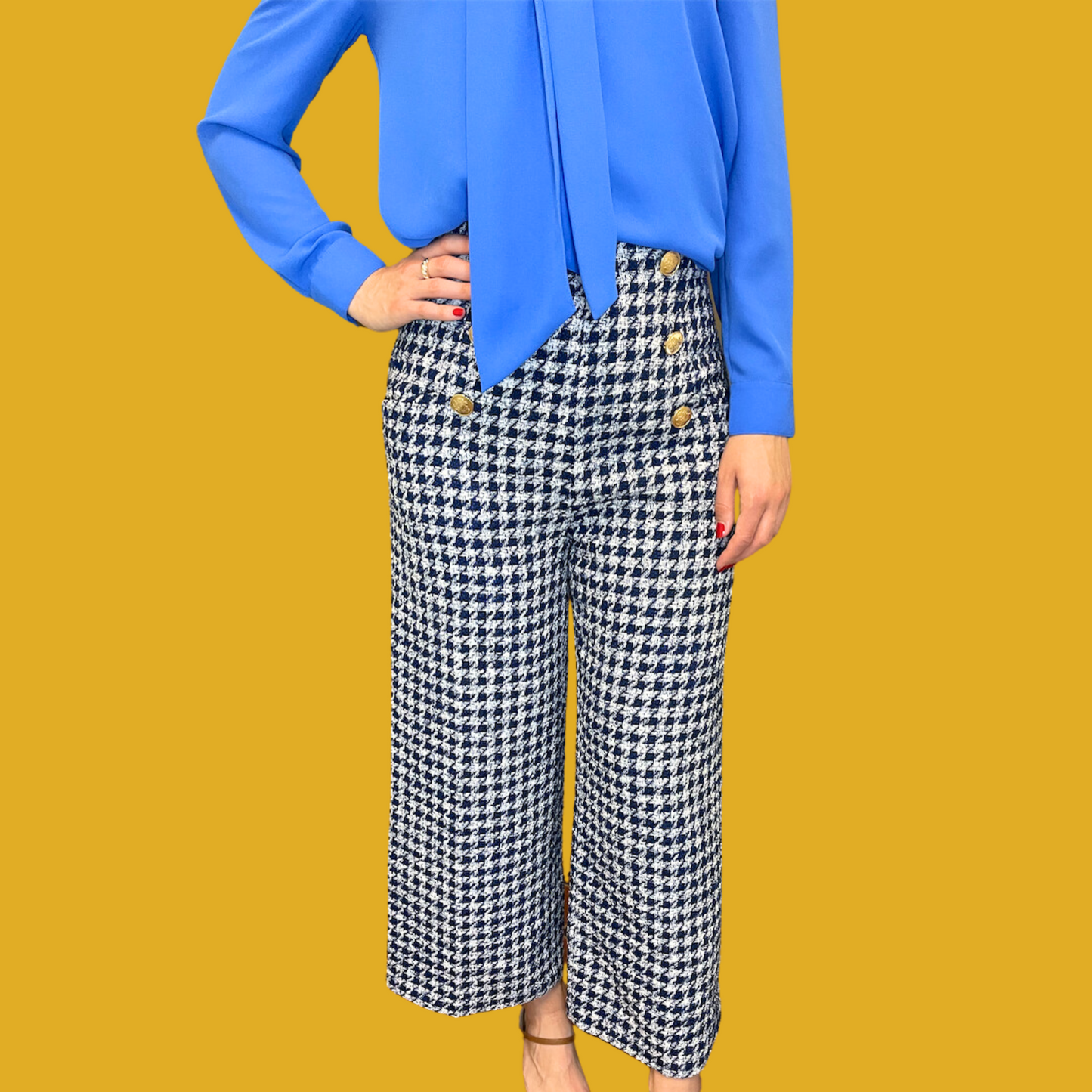 Pantalon - Taille haute pied de poule marine et blanc avec boutons dorés taille M