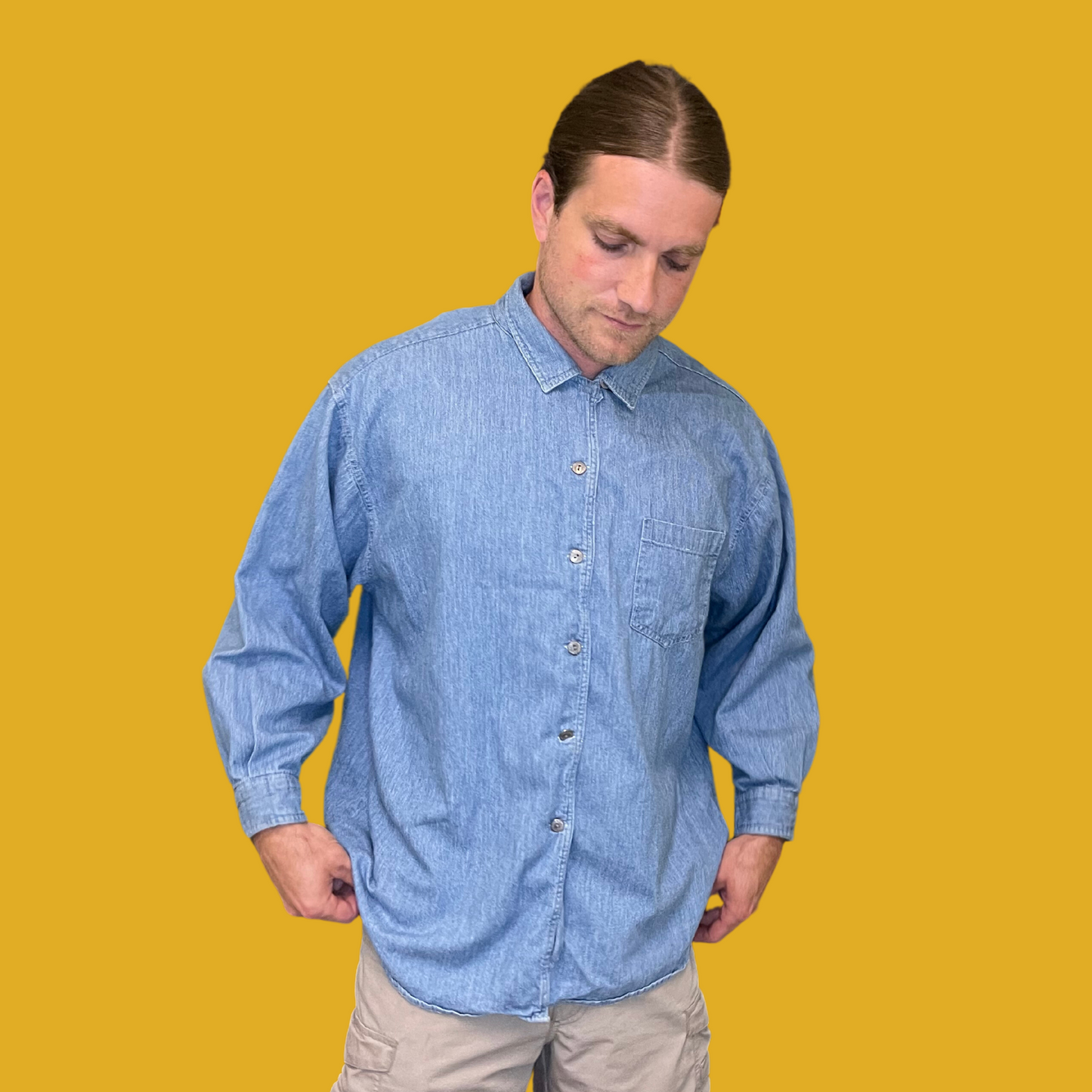 4. Shirt - Oversized baby blue denim with one front pocket size XL