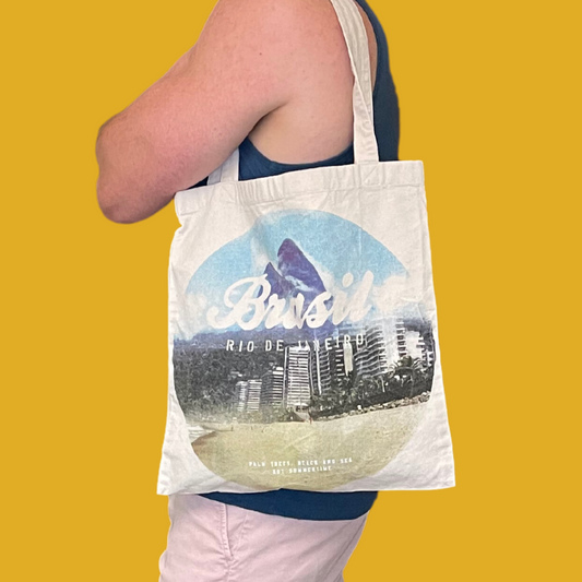 Tote bag - Lin couleur naturelle avec paysage du Brésil style rétro 