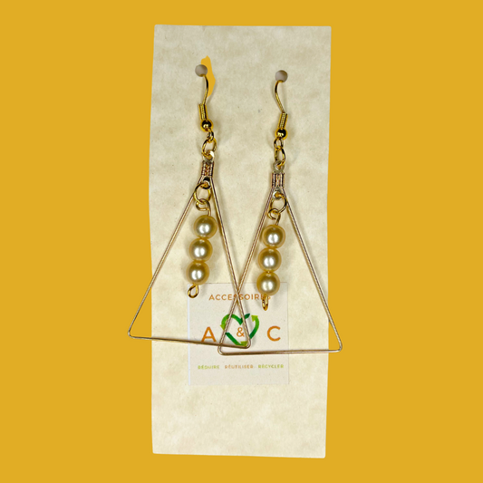 1. Earrings - Golden or silver triangle with a row of three pearl beads