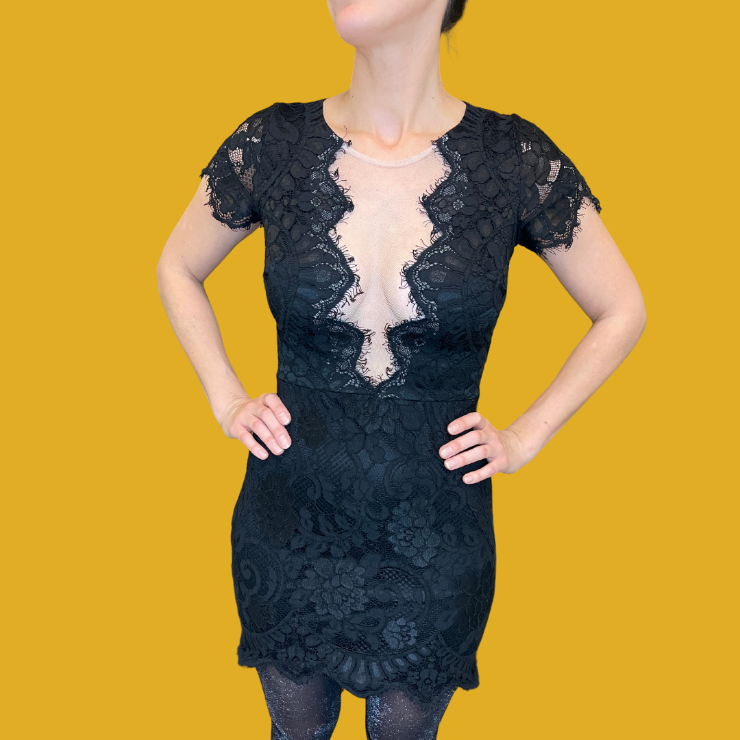 Dress - Black lace with a deep neckline in transparent tulle size S