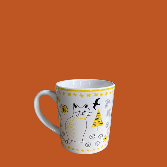 Mug - Yellow and white with black cat and birds