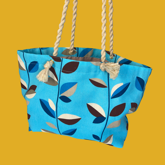 1. Tote bag - Turquoise with beige, brown and blue leaves, rope handle and an inside pocket