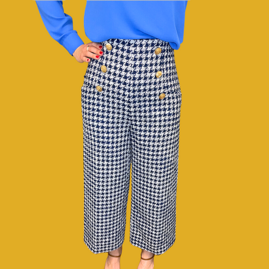 Pants - High waisted navy and white houndstooth with golden buttons size M