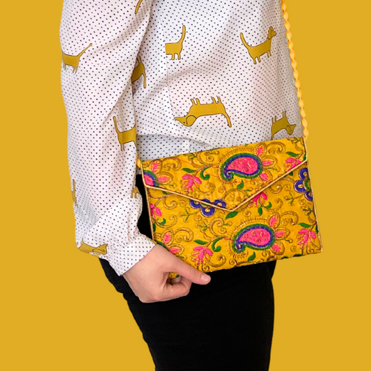 Pochette - Motif cachemire jaune moutarde, violet et rose fluo